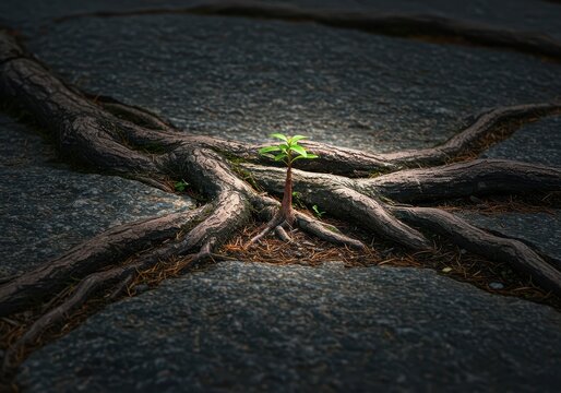 A tenacious root system pushing through solid granite, showing nature's incredible dedication and relentless pursuit of survival and growth, determined, struggle, motivation