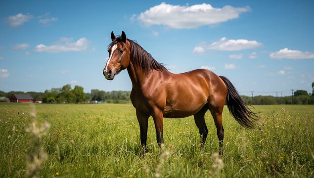 The beauty of nature with a horse in a summer meadow, promoting seasonal change