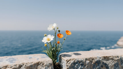 Wildflowers bloom between rocks with the ocean shimmering in the background
