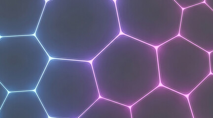 Close up abstract dark background featuring interconnected glowing bright neon blue pink purple geometric hexagonal pattern network structure