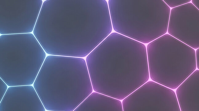 Close up abstract dark background featuring interconnected glowing bright neon blue pink purple geometric hexagonal pattern network structure