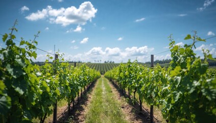 Naklejka premium Rows of young vines in a vineyard under a clear sky, symbolizing growth in agriculture