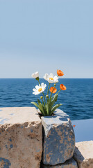 Wildflowers bloom between rocks with the ocean shimmering in the background