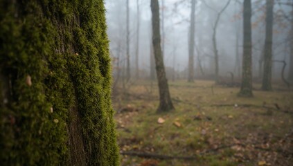 Fototapeta premium Moss-covered tree in winter setting, highlighting erosion risk