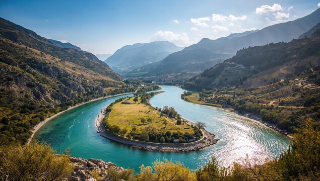 River and mountains on Greek mainland, summer landscape with natural beauty, ideal for travel photography