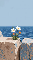 Wildflowers bloom between rocks with the ocean shimmering in the background