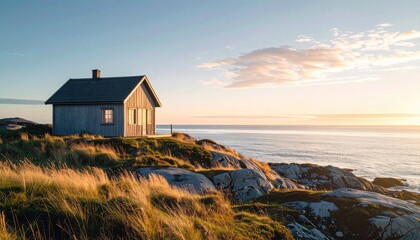 Rustic Wooden Cabin on Grassy Coastal Hillside at Golden Hour with Ocean View