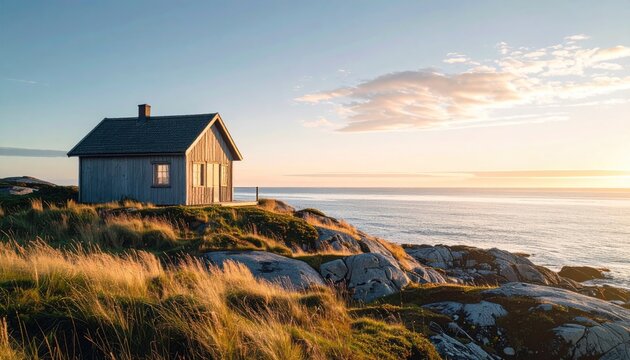 Rustic Wooden Cabin on Grassy Coastal Hillside at Golden Hour with Ocean View