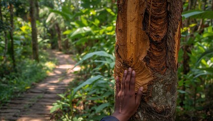 Obraz premium Tapping latex from a rubber tree, sustainable harvesting method