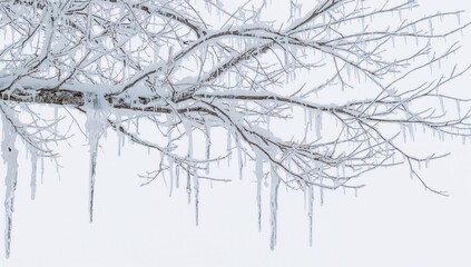 Tree branches covered in frost with icicles and ice on a white backdrop, winter's chill