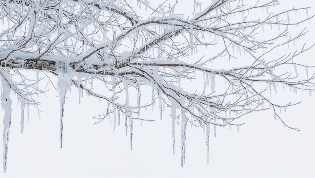 Tree branches covered in frost with icicles and ice on a white backdrop, winter's chill
