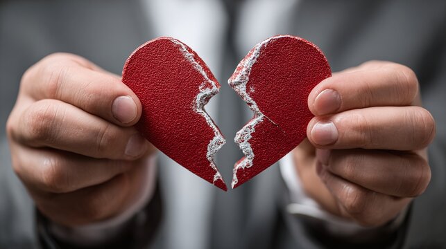 Close-up of hands holding a broken red heart. Represents lost love, divorce, sorrow, pain, and relationship problems. Symbolizes heartbreak, separation, and difficult times.