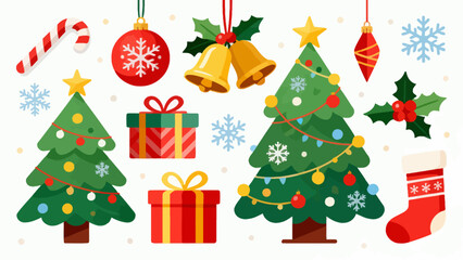 A collection of Christmas decorations, featuring cartoon hand-drawn vector illustrations, Christmas trees, bells, gifts, Christmas stockings, reindeer, Santa hats, snowflakes, five-pointed stars, and 