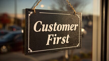 A 'Customer First' sign hangs in a storefront window, emphasizing the importance of service. A friendly reminder of business core value and commitment to client satisfaction.