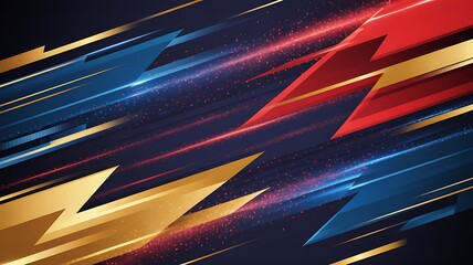 Abstract background with red, blue, and gold lightning bolts.