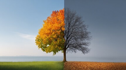 The seasons change on one tree: half in vibrant autumn colors, half bare against a muted sky, mirroring nature's seasonal duality in a single picturesque view.