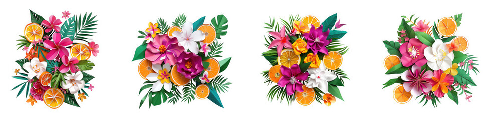 Obraz premium Colorful bouquets of exotic flowers and tropical leaves