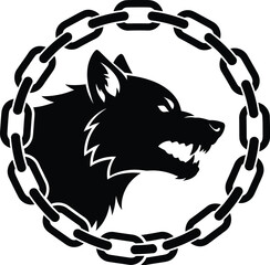Aggressive snarling wolf emblem with chain border for bold wild nature branding Vector silhouette