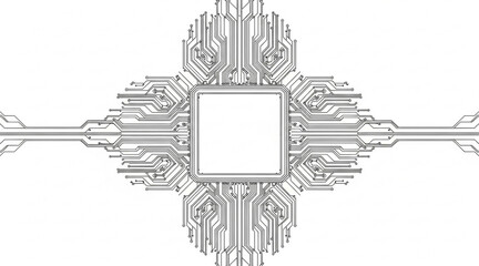 Highly detailed symmetrical outline drawing of microchip processor surrounded by complex integrated circuit board traces on a white background