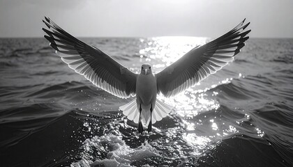 Seagull Flying Over The Ocean Water With Sunlight Reflection On The Surface During Daytime
