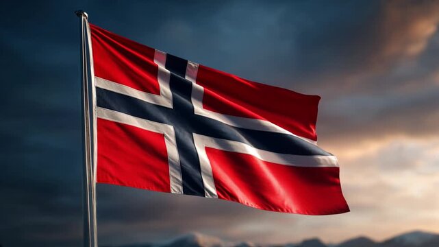 norwegian flag norway waving in the wind in the evening sky
