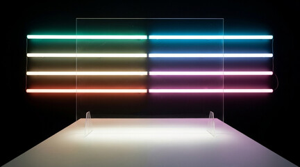 Array of horizontal fluorescent light tubes glowing with multiple colors behind clear transparent acrylic desk barrier on a dark background