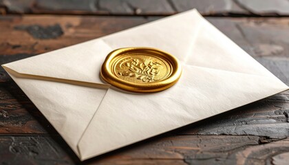 Sealed White Envelope with Golden Wax Seal on Wooden Table in Soft Natural Light