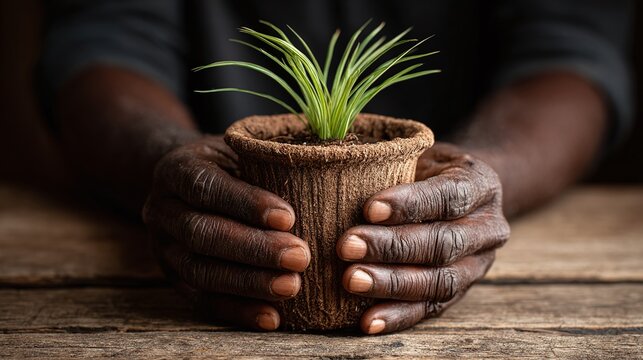 The image features a person holding a potted plant, symbolizing growth and care. The hands cradling the plant suggest nurturing and protection, conveying themes of hope and sustainability.