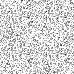 Fototapeta premium A seamless pattern of hand-drawn comic book style explosions and sound effects, rendered in black and white.