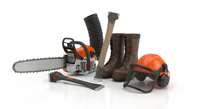 A collection of tools for cutting wood, including a chainsaw, axes, and safety equipment. The tools are neatly arranged and ready for use - Powered by Adobe