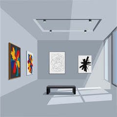 Modern art gallery interior with abstract paintings and natural light