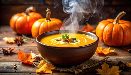 Steaming Hot Pumpkin Soup in a Bowl Surrounded by Pumpkins and Autumn Leaves on a Rustic Wooden Table