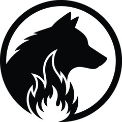 Minimalist black wolf head with fire emblem for bold wilderness strength branding Vector silhouette