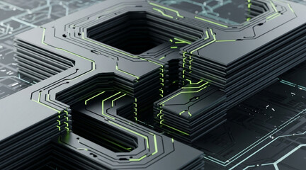 Abstract three dimensional circuit board or cpu processor structure with glowing green lines representing microchip technology background