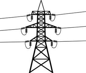 High voltage pylon with power transmission lines for energy and utility concept Vector silhouette