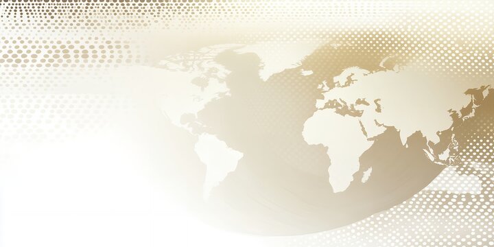 Faded world map with swirling golden halftone dots overlay on white globe