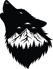 Wolf howling with mountain and forest landscape for rugged outdoor spirit art Vector silhouette