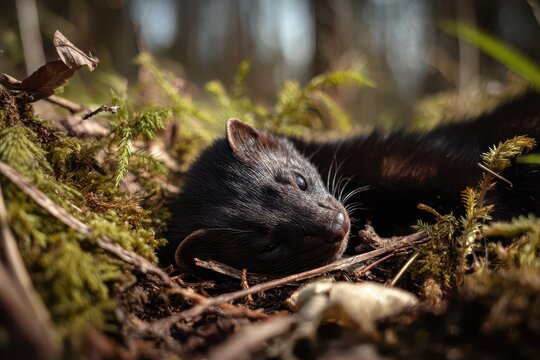Close-Up of a Deceased Black Desman in a Lush Spring Forest: A Moment of Wildlife in Nature