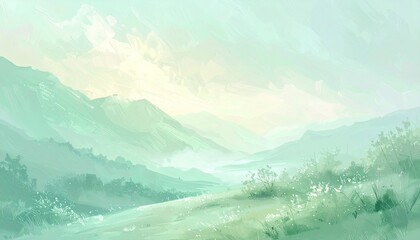 Serene Mountain Landscape With Gentle Mist And Soft Sunlight In Pastel Green Tones