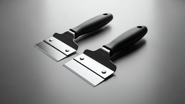 Two Metal Putty Knives with Black Handles on Gray Surface for Painting or Repair