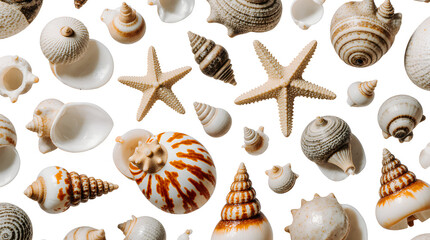 A collection of various seashells and starfish on white background