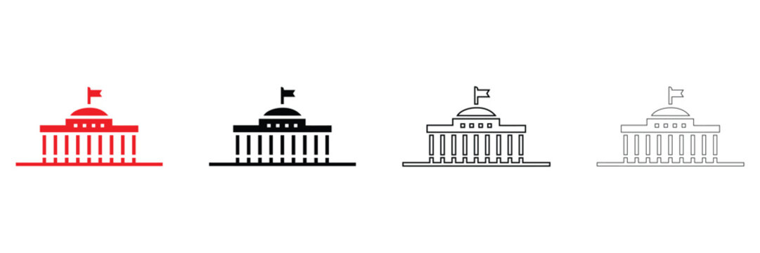 parliament govt building, government building with flag vector icon silhouette and line art