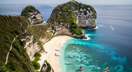 Aerial View of Diamond Beach, Nusa Penida, Bali, Indonesia. © Merkurius