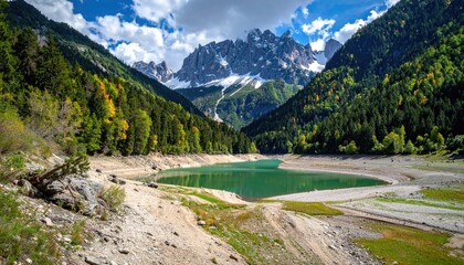 Serene Mountain Lake Reflecting Jagged Peaks and Verdant Forests Under a Bright Blue Sky