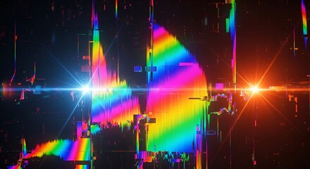 Vibrant rainbow spectrum bursts against dark backdrop with abstract lines and glitching effects
