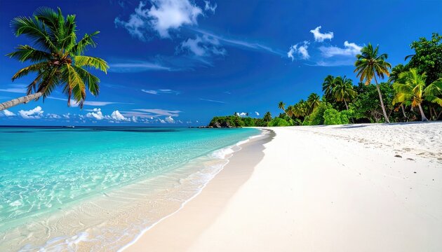 Tropical island beach paradise with clear turquoise water lush green palm trees and white sand under a bright blue sky with fluffy clouds - Powered by Adobe