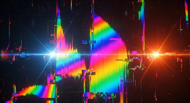 Vibrant rainbow spectrum bursts against dark backdrop with abstract lines and glitching effects - Powered by Adobe