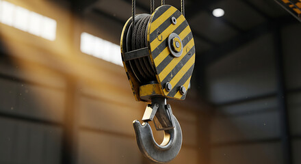 Industrial lifting equipment with a crane hook and pulley system in a sunbeam-lit warehouse