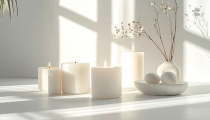 Serene Scene of White Pillar Candles and Decorative Eggs in a Sunlit Room Evoking Calmness and Purity