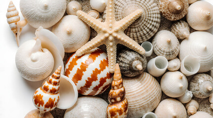 A collection of various seashells and starfish on white background
